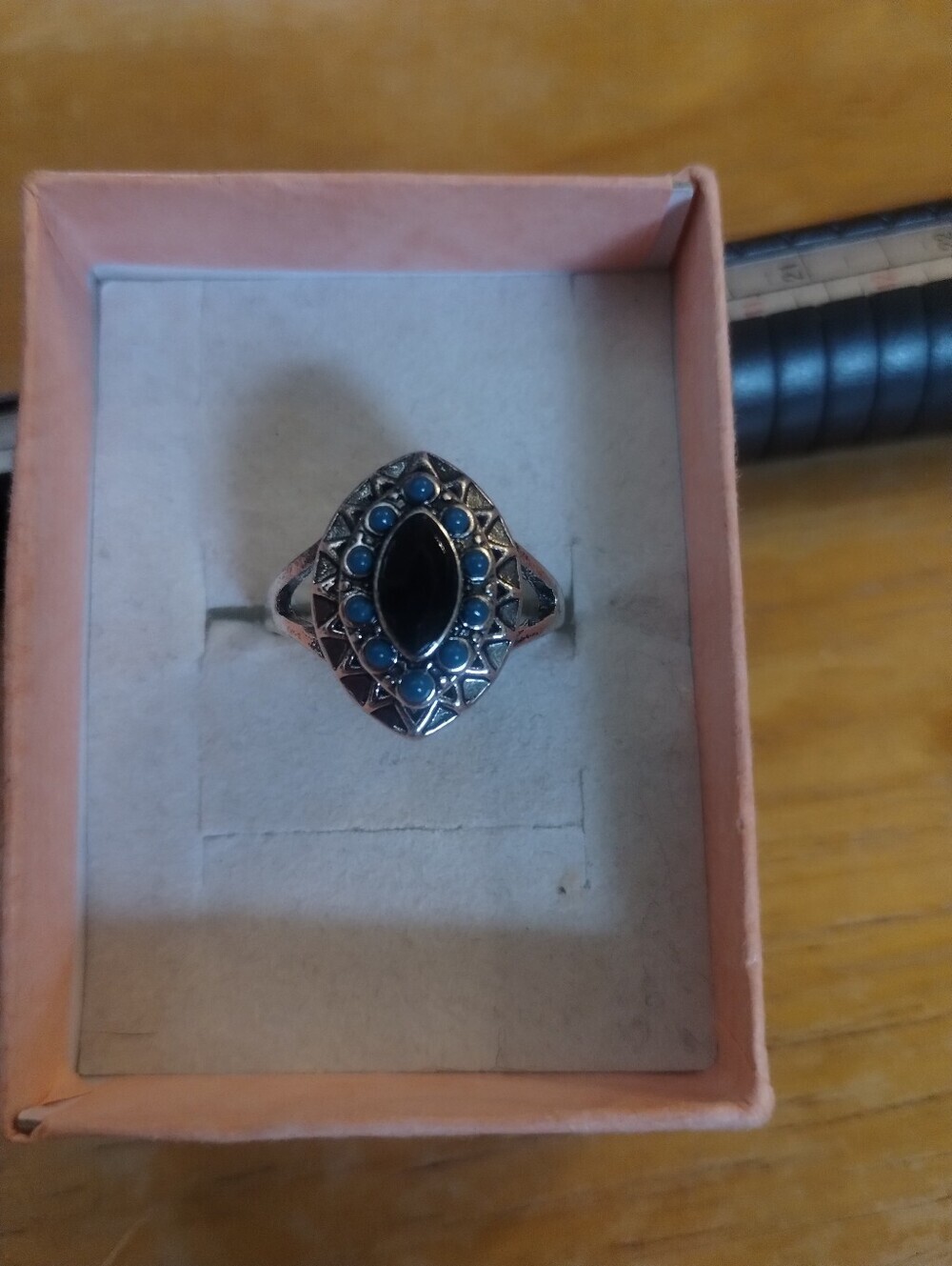 New Vintage Style Black & Blue Statement Ring Size 8.5 Silver Tone Boho Costume